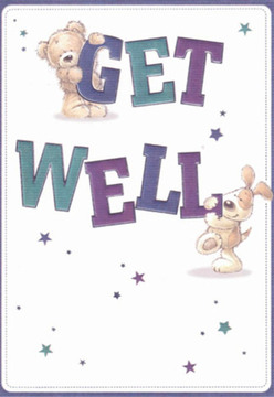 In this delightfully illustrated get well card, an endearing teddy bear and a floppy-eared puppy deliver comfort with the kind of gentle sincerity that Mile End locals might recognise from their favourite park strolls. The backdrop is a crisp, serene white, suggesting cleanliness and the promise of fresh beginnings-qualities so cherished when wishing someone well in the heart of East London. The bear clings to the top of a vibrant 'GET,' its fur rendered in soft, warm browns, while the puppy nuzzles against the bold, teal 'WELL.' Expressive faces beam with hope, enveloped in a scattering of twinkling stars in hues of deep purple and turquoise-an imaginative echo of the lively blooms often prepared for delivery by Mile End Florist. The rounded letters leap from the surface, forming a message that feels almost tactile, as if you could run your hand over their joyful contours. This scene captures the nurturing spirit that flows through the neighbourhood, where each floral arrangement, like each brushstroke here, is chosen to brighten a difficult day. The illustration's warmth and playful energy make this card an ideal companion to a bouquet sent to a recovering friend near Tower Hamlets Cemetery Park, offering an emotional embrace wrapped in creativity and heart.